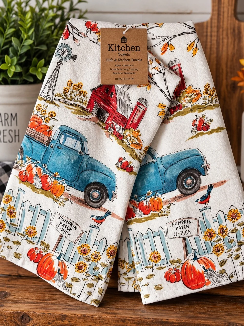 Farmhouse Pumpkin Dish Towels - Blue Truck Design